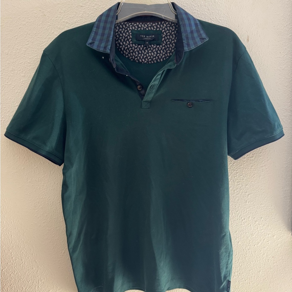 Ted Baker Green Polo with Blue Check Collar
